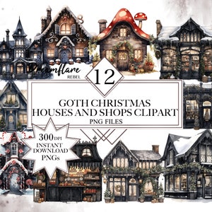 May include: Twelve digital illustrations of gothic style Christmas houses and shops. The houses are decorated with candy canes, wreaths, and snow. The shops have windows with displays of goods. The illustrations are in a watercolour style.