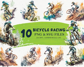 Puede incluir: Ilustraciones en acuarela de ciclistas de montaña en acción, sobre salpicaduras de pintura coloridas. La imagen presenta diez diseños únicos de ciclistas en bicicletas de montaña, con el texto "10 BICYCLE RACING PNG & SVG FILES" y "300 DPI | COMMERCIAL USE".