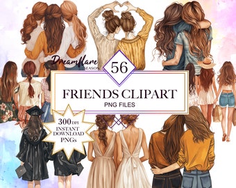 May include: A set of 56 digital clipart images featuring illustrations of friends. The images are in PNG format and are 300 DPI. The images feature women in various poses and outfits, including a graduation gown, a yellow dress, and jeans. The text "Friends Clipart" and "PNG Files" is displayed on a banner.