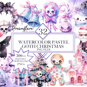 Watercolor Pastel Goth Christmas Clipart Bundle, Pastel Goth Christmas PNG, Spooky And Cute Clipart, Gothic Christmas Elements Clipart