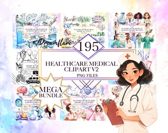 May include: A digital illustration of a nurse with a stethoscope and a clipboard. The image is part of a set of 195 healthcare medical clipart graphics. The graphics are available in PNG format and include watercolor illustrations of hospital furniture, medical staff, and laboratory equipment.