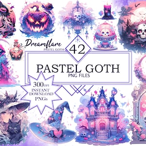 May include: A set of 42 pastel goth digital clipart images. The images include a witch, a skull, a haunted house, a pumpkin, a potion bottle, a crescent moon, and more. The images are 300 dpi and are available for instant download.