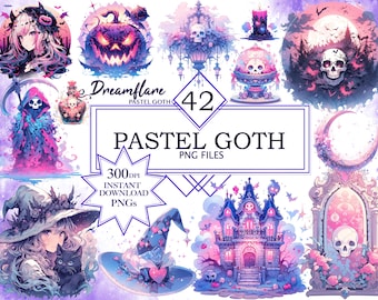 Pastel Goth Clipart Bundle PNG, Spooky Pastel Halloween Clipart, PNG lindo, Kawaii Anime PNG, Pastel Goth imprimible, Bruja Clipart