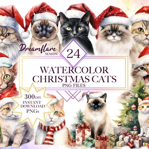 Watercolor Christmas Cats Clipart Bundle, Cats Christmas PNG, Animals Christmas, Cat Breeds, Christmas Pets, Cat Portrait, Cute Cats Clipart