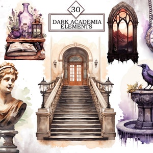 Pode incluir: 30 ilustra&ccedil;&otilde;es de aquarela de elementos Dark Academia.  Inclui um busto de mulher, uma vela, um livro, uma garrafa, uma janela, uma fonte, um corvo, um rel&oacute;gio de bolso e um conjunto de escadas.