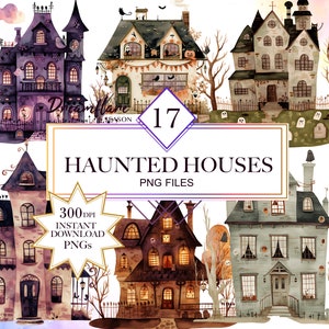 Haunted House Clipart Bundle, Halloween House, Halloween PNG, Watercolor House Clipart, Spooky PNG, Digital Download, Commercial Use