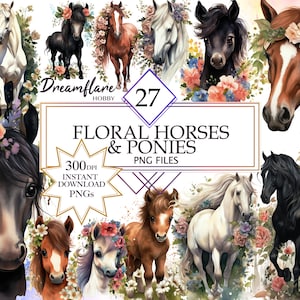 Könnte beinhalten: Ein digitales Illustrationsset mit 27 floralen Pferden und Ponys. Die Pferde sind in verschiedenen Posen mit floralen Kränzen um den Kopf dargestellt. Das Bild enthält den Text "Floral Horses & Ponies" und "300dpi Instant Download PNGs".