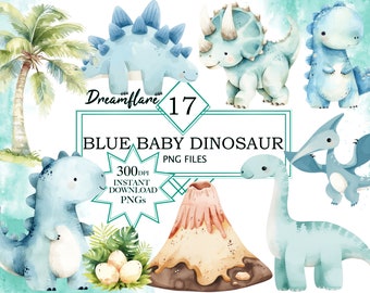 Acuarela azul bebé dinosaurio clipart PNG paquete, baby shower, guardería, lindo dinosaurio PNG, pastel azul PNG, descarga digital, uso comercial