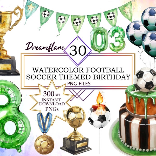 30 PNG Transparent Soccer Birthday Clipart, Football Clipart, Soccer Birthday Invitation Clipart Bundle, Digital Download, Commercial Use