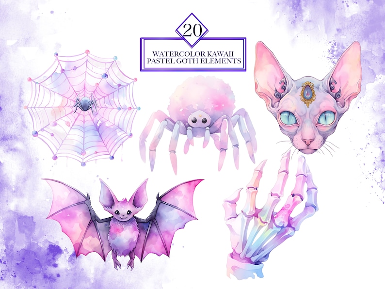 20 Watercolor Kawaii Pastel Goth Elements