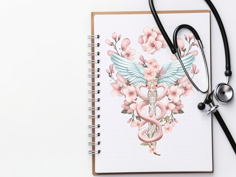 May include: A notebook with a spiral binding and a white background. The notebook has a drawing of a medical symbol with a snake wrapped around a staff, with wings and pink flowers.