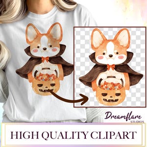 Cute Corgi Dog Trick Or Treat PNG, Vampire Dog Clipart, Spooky Cute Halloween PNG, Sublimation Clipart, Digital Download, Commercial Use