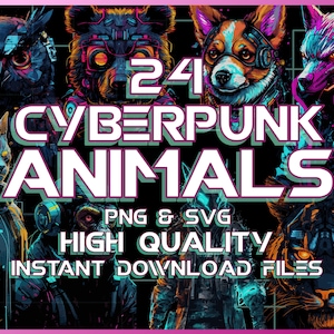 24 Futuristic Cyberpunk Animal Portraits, PNG SVG Vector Graphic, Sci-Fi Graphic Design, Cyborg Animal, Space Theme, Abstract Clipart Bundle