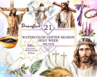 21 Watercolor Holy Week Clipart, Lenten Season, Palm Sunday, Ash Wednesday, Good Friday, Easter, Christian Religious Clipart, Commercial Use