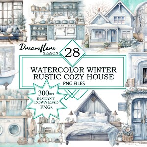 Könnte beinhalten: Ein Set mit 28 Aquarell-Illustrationen, die ein gemütliches Winterhaus mit verschiedenen Räumen zeigen, darunter ein Wohnzimmer, eine Küche, ein Badezimmer, ein Schlafzimmer und ein Kamin. Die Illustrationen sind im rustikalen Stil gehalten und in Blau- und Weißtönen gehalten.