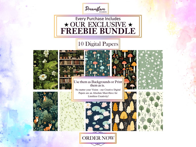 Pode incluir: Um pacote de papel digital com 10 padr&otilde;es diferentes com temas da natureza, como cogumelos, sapos, raposas e &aacute;rvores. O texto "Every Purchase Includes ★OUR EXCLUSIVE★ FREEBIE BUNDLE 10 Digital Papers" est&aacute; no topo da imagem. O texto "Use them as Backgrounds or Print them as is. No matter your Vision - our Creative Digital Papers are an Absolute Must-Have for Limitless Creativity!" est&aacute; no meio da imagem. O texto "ORDER NOW" est&aacute; na parte inferior da imagem.