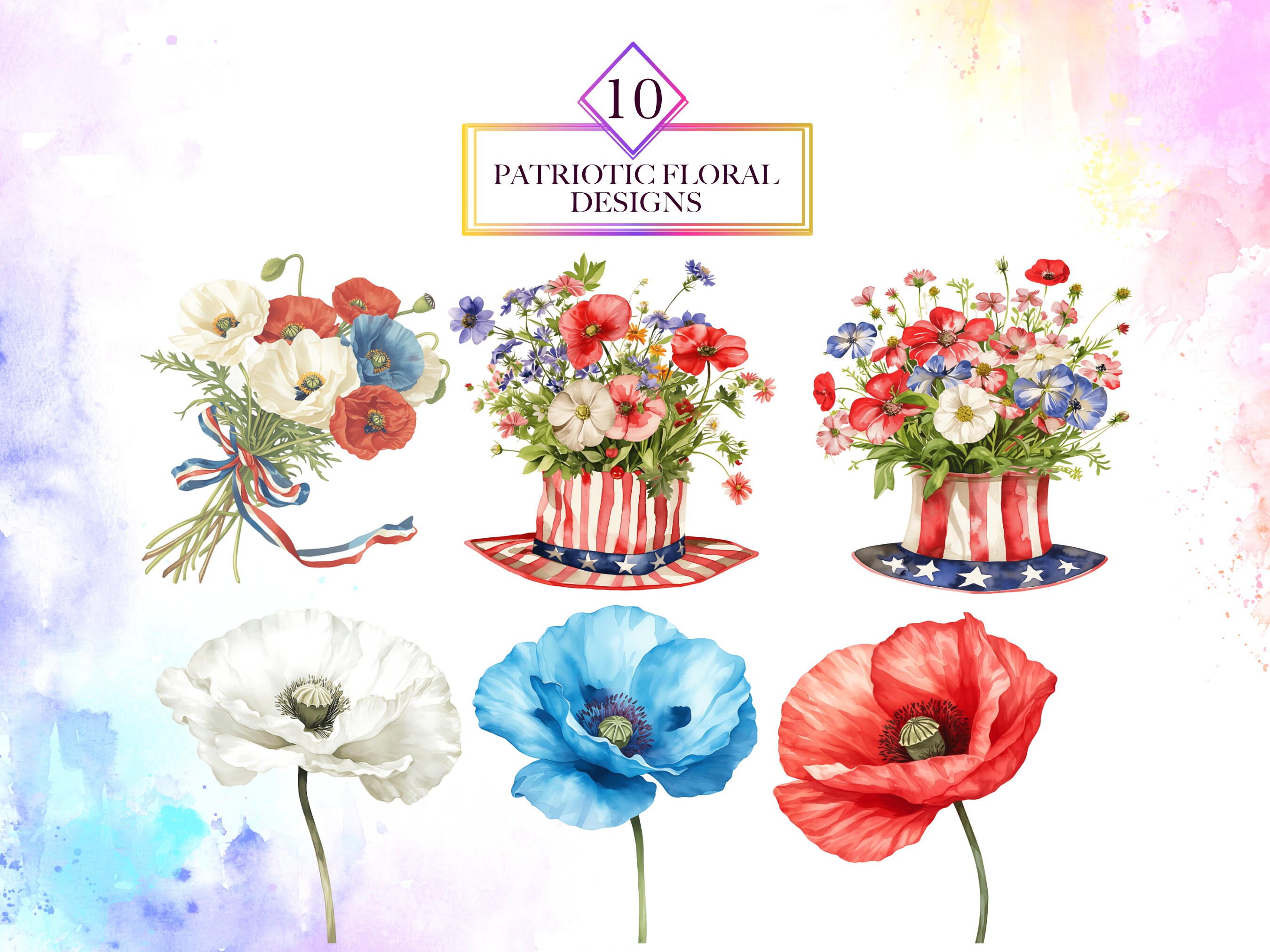 Watercolor Patriotic Flowers Clipart Bundle, 4th of July Clipart ...