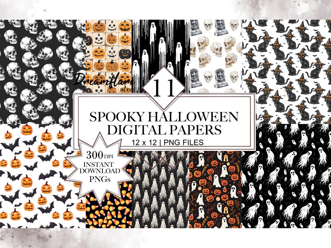 Halloween Digital Papers PNG Bundle, 12x12 Digital Paper, Seamless ...