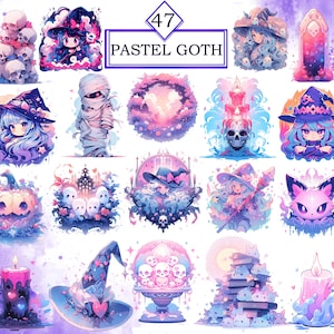 Puede incluir: Un conjunto de 16 pegatinas digitales con tem&aacute;tica g&oacute;tica pastel que presentan varios personajes espeluznantes y lindos, incluidas brujas, momias, calaveras y velas. Las pegatinas son perfectas para agregar un toque de fantas&iacute;a a tus proyectos digitales.