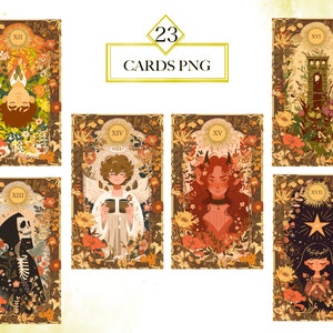 May include: A set of 23 tarot cards with floral and nature-inspired designs. Each card features a unique illustration with a Roman numeral and a title. The cards are in a vintage style with gold accents.
