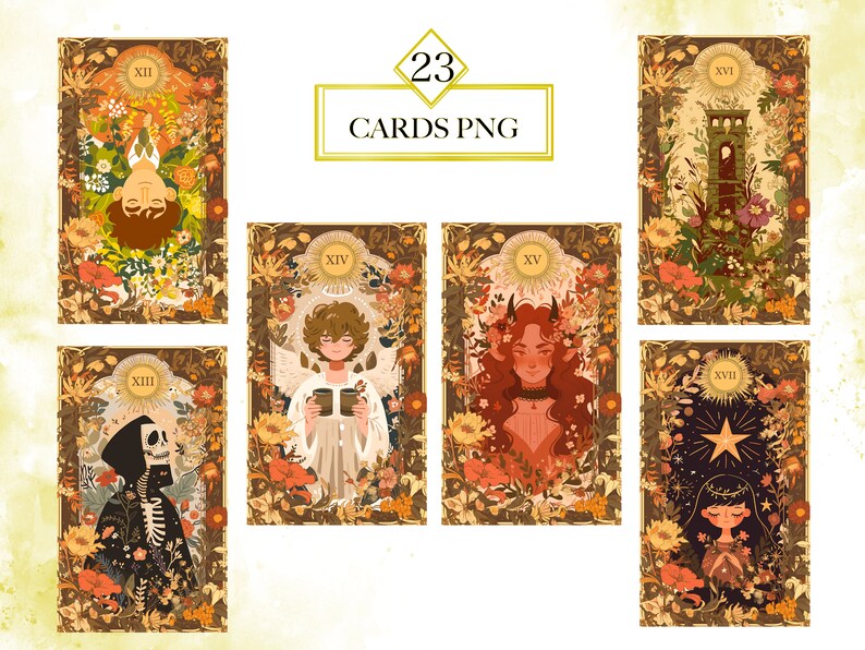 May include: A set of 23 tarot cards with floral and nature-inspired designs. Each card features a unique illustration with a Roman numeral and a title. The cards are in a vintage style with gold accents.