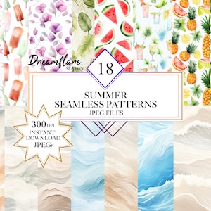 Könnte beinhalten: Ein Set mit 18 digitalen nahtlosen Sommermustern im JPEG-Format. Die Muster zeigen Aquarell-Illustrationen von Ananas, Zitronen, Wassermelonen, Cocktails, Eis am Stiel, Muscheln und Seesternen. Die Muster haben eine Auflösung von 300 DPI und stehen zum sofortigen Download bereit.
