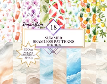 Watercolor Summer Season Digital Paper, Abstract Beach Seamless Pattern, Scrapbooking Digi Paper, Scrapbook Paper, Printable Paper