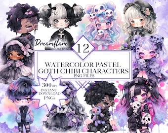 Paquete de imágenes prediseñadas de Chibi gótico pastel de acuarela, imágenes prediseñadas de gótico pastel Kawaii, imágenes prediseñadas lindas espeluznantes, imágenes prediseñadas de anime Chibi, anime gótico pastel PNG
