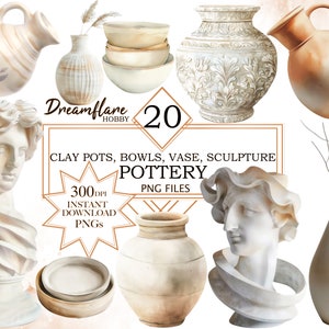 Könnte beinhalten: Ein Set mit 20 digitalen Illustrationen von Tontöpfen, Schalen, Vasen und Skulpturen in einem beige-weißen Farbschema. Die Illustrationen sind im Aquarellstil gehalten und perfekt für Bastelprojekte, Scrapbooking und digitales Design.