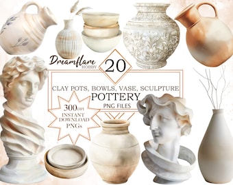May include: A set of 20 digital illustrations of clay pots, bowls, vases, and sculptures in a beige and white colour scheme. The illustrations are in a watercolour style and are perfect for crafting projects, scrapbooking, and digital design.