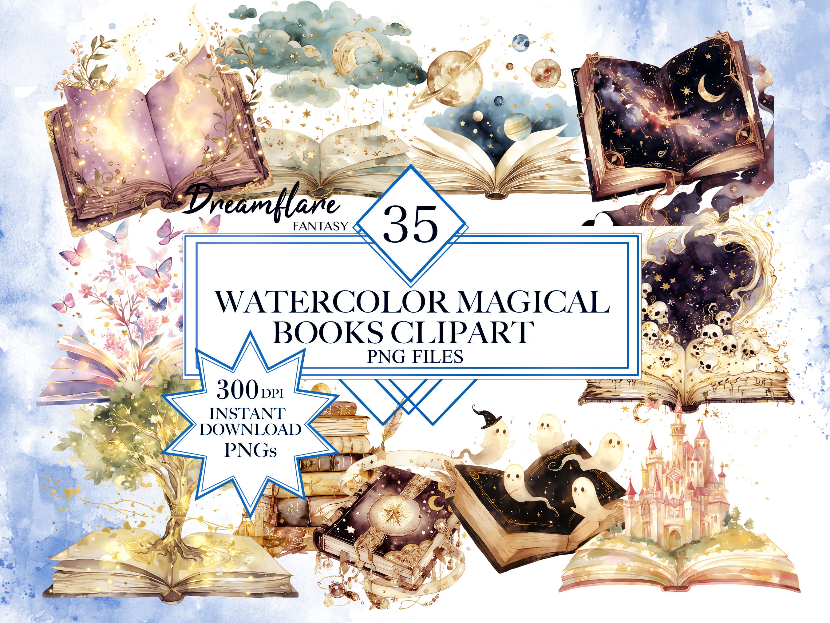 Watercolor Fantasy Books Clipart Bundle, Magical Books PNG, Book ...