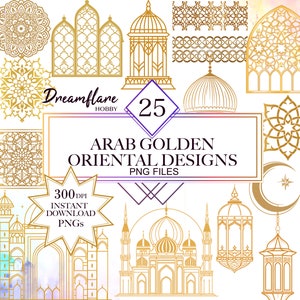 Könnte beinhalten: Ein Set mit 25 goldfarbenen, filigranen orientalischen Designs. Die Designs umfassen Bögen, Kuppeln, Laternen, Sterne und geometrische Muster. Die Designs sind perfekt, um jedem Projekt einen Hauch von Eleganz zu verleihen.