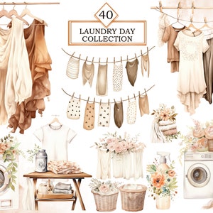 May include: A watercolor illustration of laundry day with a variety of items, including clothes, baskets, flowers, and washing machines. The text "40 Laundry Day Collection" is at the top of the image.