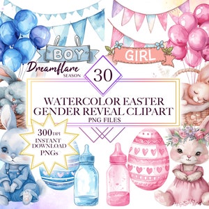 Aquarel Pasen Gender Reveal Clipart Bundel, Baby Shower Clipart, Schattige Paashaas, Baby Girl PNG, Baby Boy PNG, Digitale afdrukbare bestanden