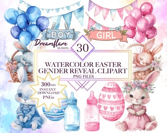 Watercolor Easter Gender Reveal Clipart Bundle, Baby Shower Clipart, Cute Easter Bunny, Baby Girl PNG, Baby Boy PNG, Digital Printable Files