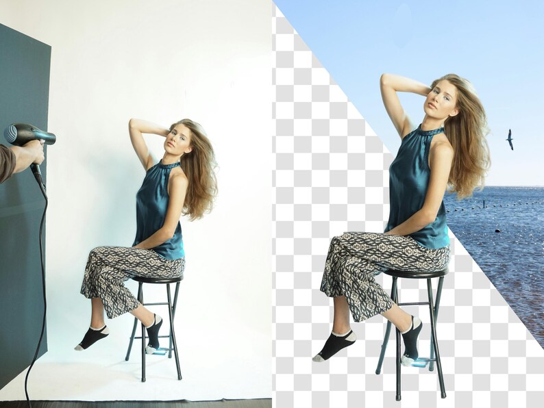 Puede incluir: Una mujer sentada en un taburete con un top turquesa sin mangas y pantalones estampados. Tiene el pelo largo y casta&ntilde;o y lleva calcetines negros.