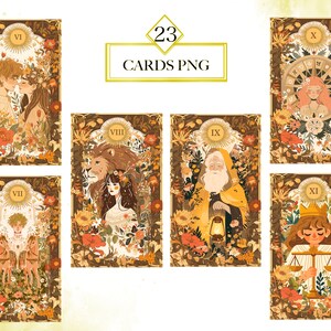 May include: A set of 10 illustrated tarot cards with floral and gold accents. The cards feature Roman numerals and are numbered VI, VII, VIII, IX, X, and XI. The cards are set against a watercolor background.