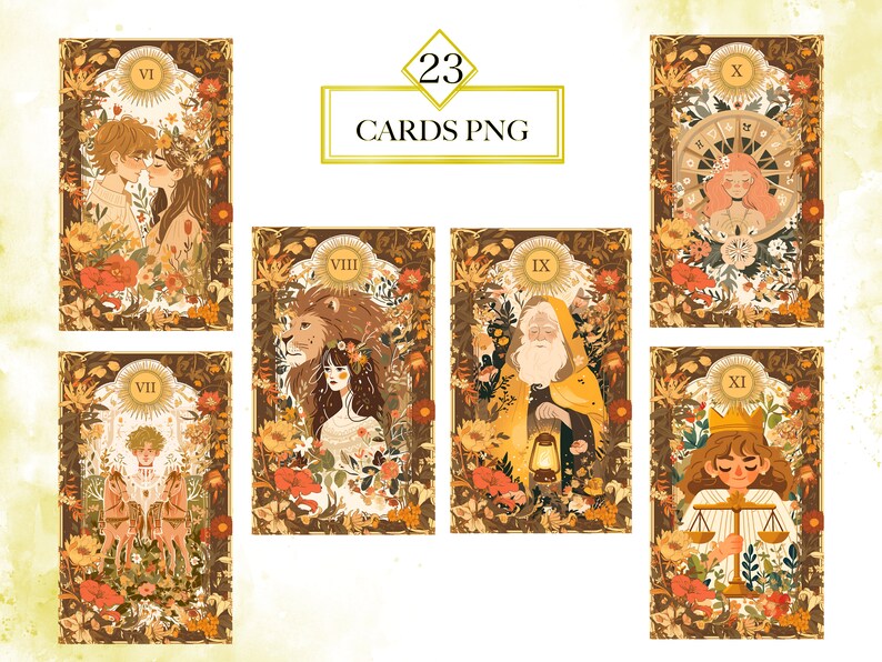 May include: A set of 10 illustrated tarot cards with floral and gold accents. The cards feature Roman numerals and are numbered VI, VII, VIII, IX, X, and XI. The cards are set against a watercolor background.