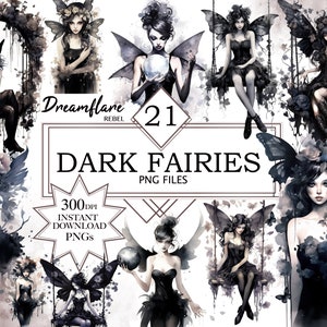 May include: A digital download of 21 dark fairy illustrations. The fairies are depicted in black and white with watercolor accents. The fairies are wearing black dresses and have dark hair and wings. The illustrations are perfect for digital scrapbooking, card making, and other creative projects.