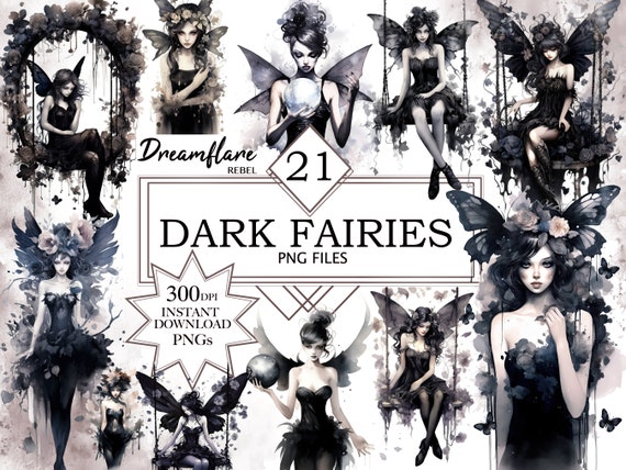 Dark Fairies Watercolor Clipart PNG, Magical Gothic Fairy Clipart, Goth PNG, Fairycore Clipart, Digital Printable File, Commercial Use