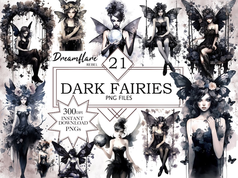 May include: A digital download of 21 dark fairy illustrations. The fairies are depicted in black and white with watercolor accents. The fairies are wearing black dresses and have dark hair and wings. The illustrations are perfect for digital scrapbooking, card making, and other creative projects.