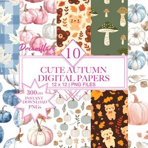 Könnte beinhalten: Ein Set mit 10 digitalen Papieren mit niedlichen Herbstmotiven. Die Papiere enthalten Muster mit Kürbissen, Blättern, Pilzen, Bären und Karos. Die Papiere sind 30,5 cm x 30,5 cm groß und haben eine Auflösung von 300 DPI.