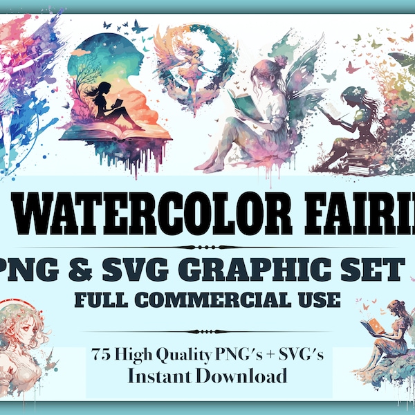 17 Watercolor Fairies, PNG SVG Graphic Bundle, Colorful Fairy Paintings, Anime Girls Clipart Bundle, Beautiful Fantasy Art, Digital Files