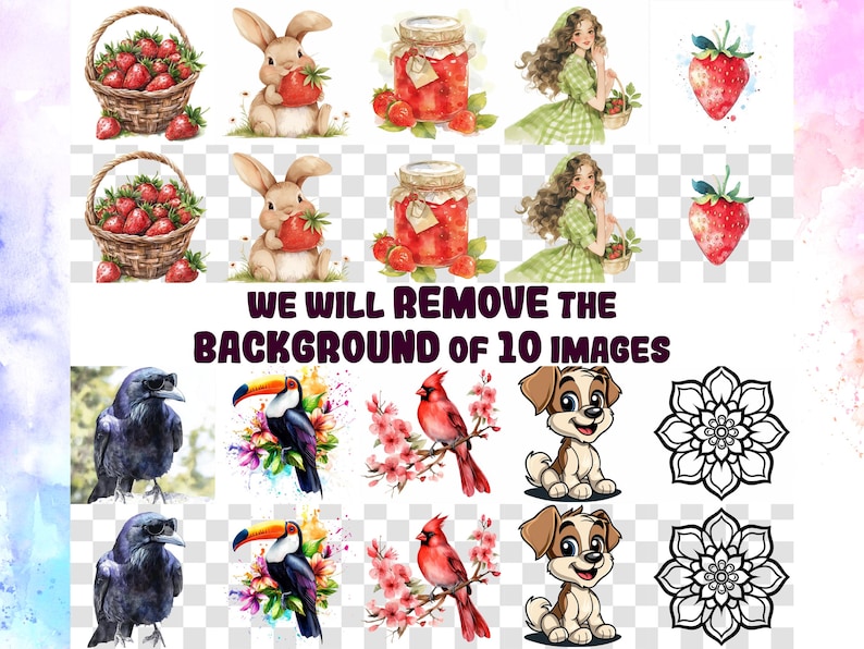 Puede incluir: Un collage de diez im&aacute;genes con diferentes temas, incluyendo un p&aacute;jaro cardenal rojo en una rama, un mandala blanco y negro, un cuervo negro, un tuc&aacute;n con plumas de colores, una fresa roja y blanca, una ni&ntilde;a con cabello largo y casta&ntilde;o vistiendo un vestido verde, un tarro de mermelada roja, un conejo sosteniendo una fresa y un cachorro con pelaje marr&oacute;n.
