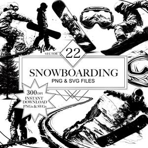 Op de afbeelding: Zwart-witte vectorillustratie van 22 snowboard-silhouetten. De illustratie bevat snowboarders, bergen, bomen en een snowboardhelm. De tekst "Snowboarding PNG & SVG Files" is in de afbeelding opgenomen.