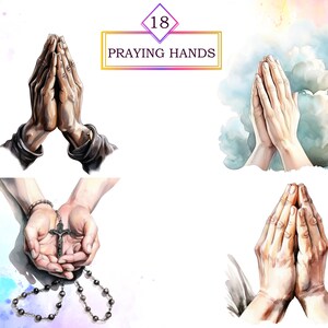 May include: Four watercolor illustrations of praying hands. The first image shows two hands clasped in prayer. The second image shows two hands clasped in prayer with a rosary. The third image shows two hands clasped in prayer against a cloudy background. The fourth image shows two hands clasped in prayer.