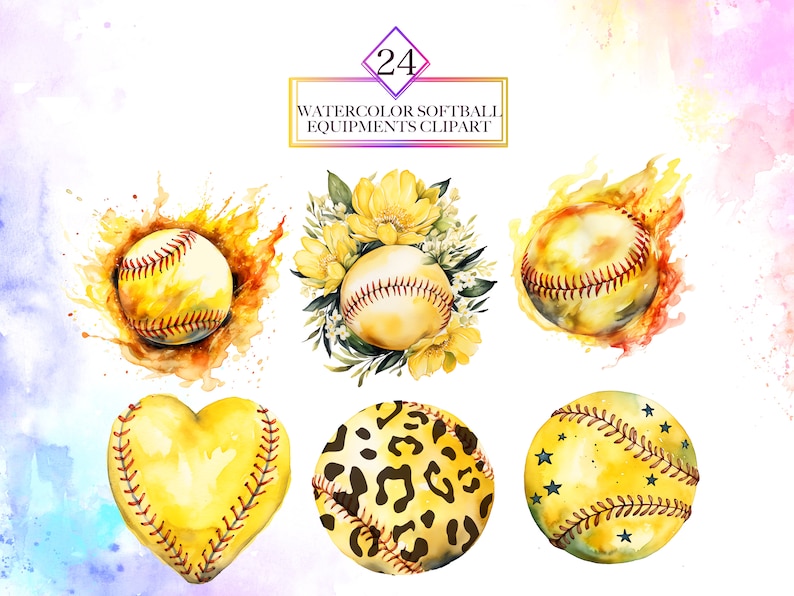 May include: Watercolor clipart set of 24 softball equipment illustrations. The set includes a softball with flames, a softball with flowers, a heart-shaped softball, a softball with a leopard print, and a softball with stars.