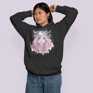 May include: Black hooded sweatshirt featuring a graphic print of a woman with pink and blue hair against a starry background.