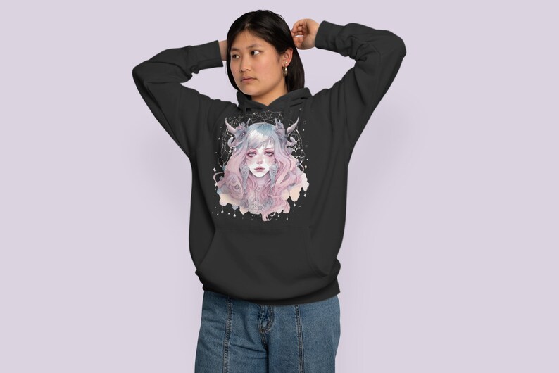 May include: Black hooded sweatshirt featuring a graphic print of a woman with pink and blue hair against a starry background.