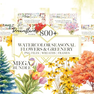 Könnte beinhalten: Eine digitale Illustration einer Sammlung von über 800 Aquarell-Blumen- und Grünpflanzen-Clipart-Bildern. Das Bild zeigt eine Vielzahl von Blumen, Blättern und Zweigen in verschiedenen Farben und Stilen. Der Text "Dreamflare Floral" und "Mega Bundle" ist ebenfalls im Bild enthalten.